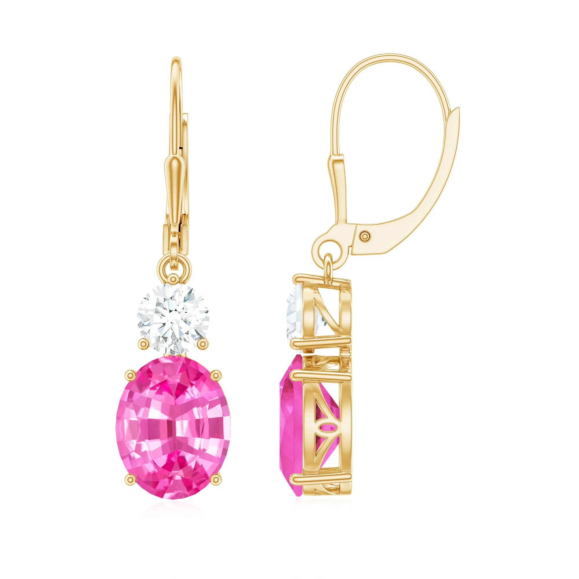 Oval Shape Created Pink Sapphire Drop Earrings With Leverback