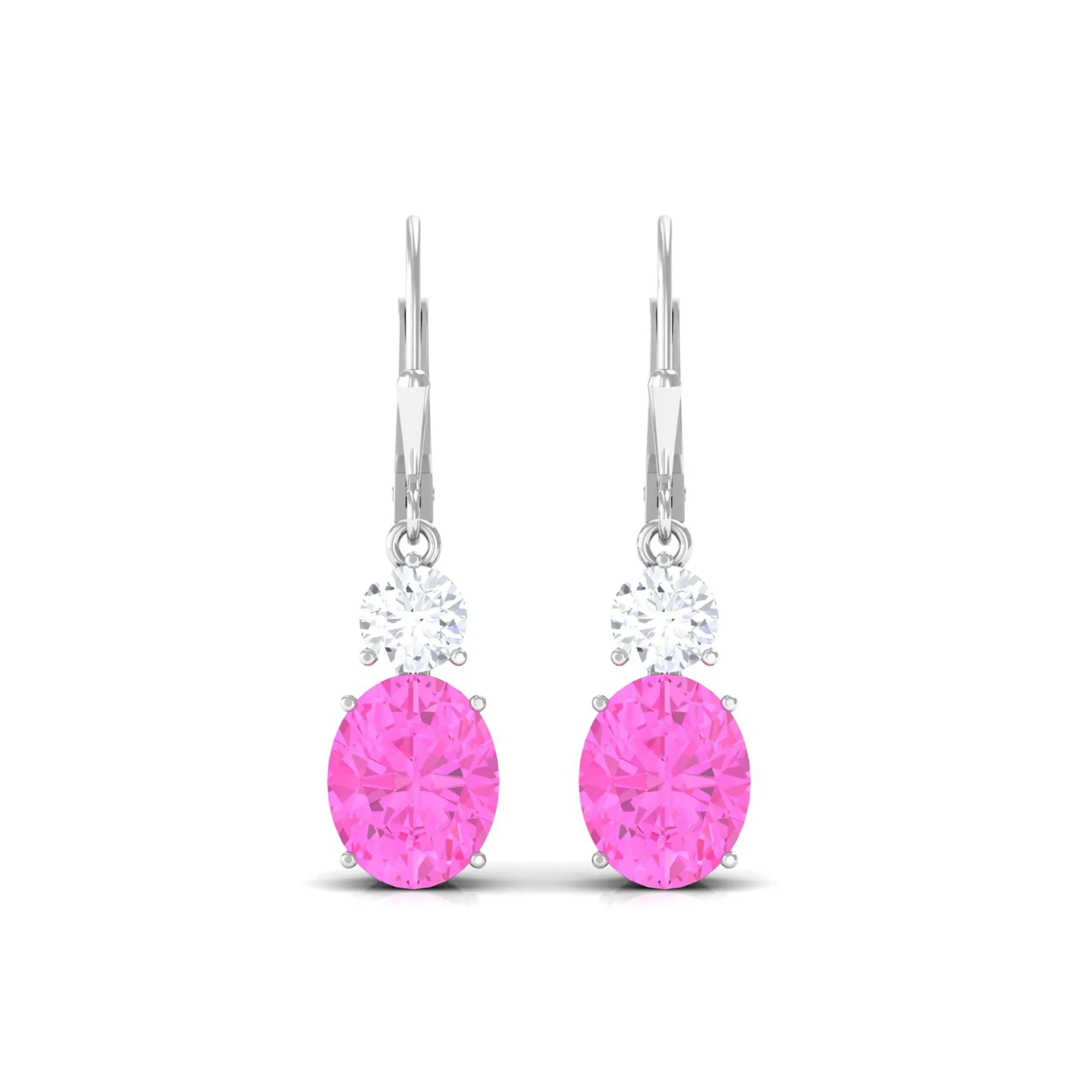 Oval Shape Created Pink Sapphire Drop Earrings With Leverback