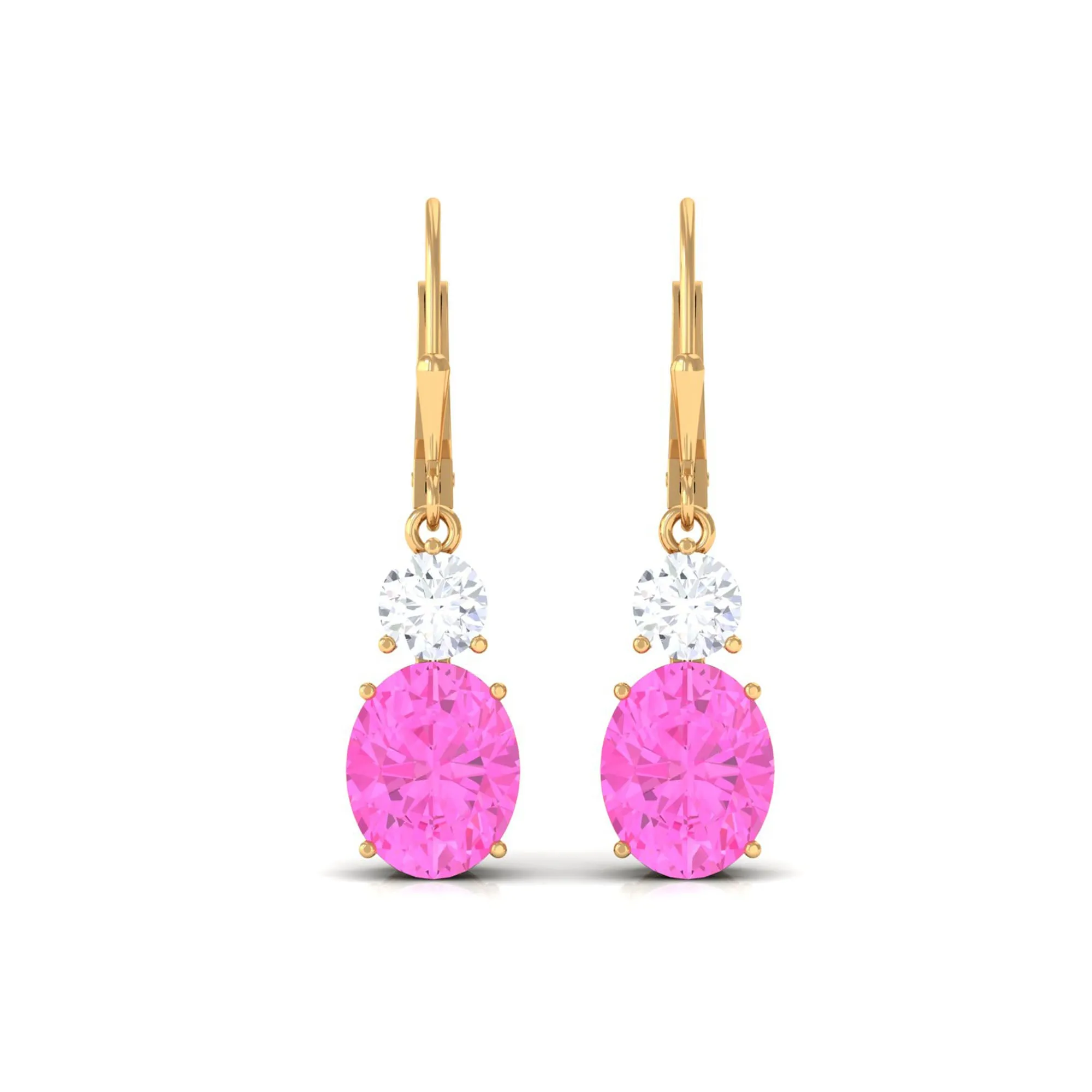 Oval Shape Created Pink Sapphire Drop Earrings With Leverback