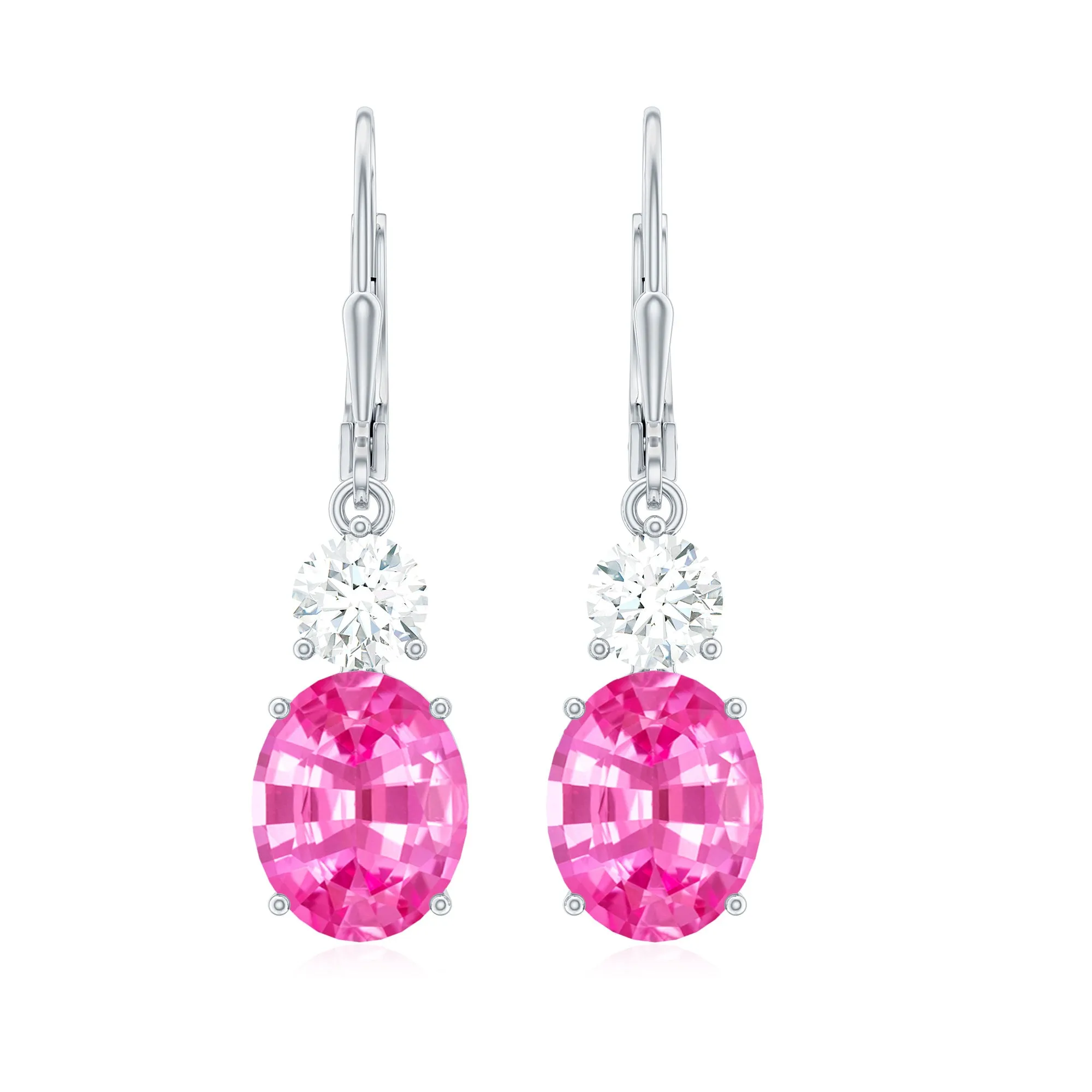 Oval Shape Created Pink Sapphire Drop Earrings With Leverback