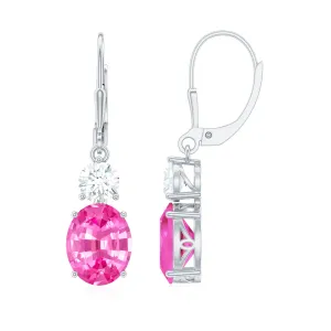 Oval Shape Created Pink Sapphire Drop Earrings With Leverback