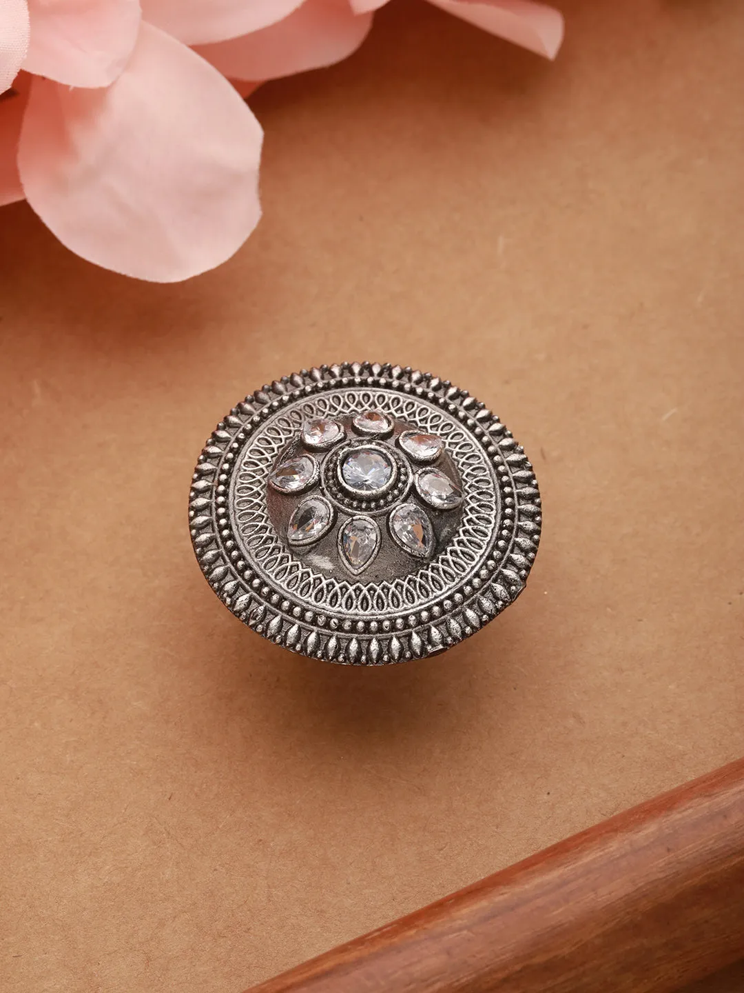 Oxidized Silver-Toned & White Stone-Studded Adjustable Finger Ring