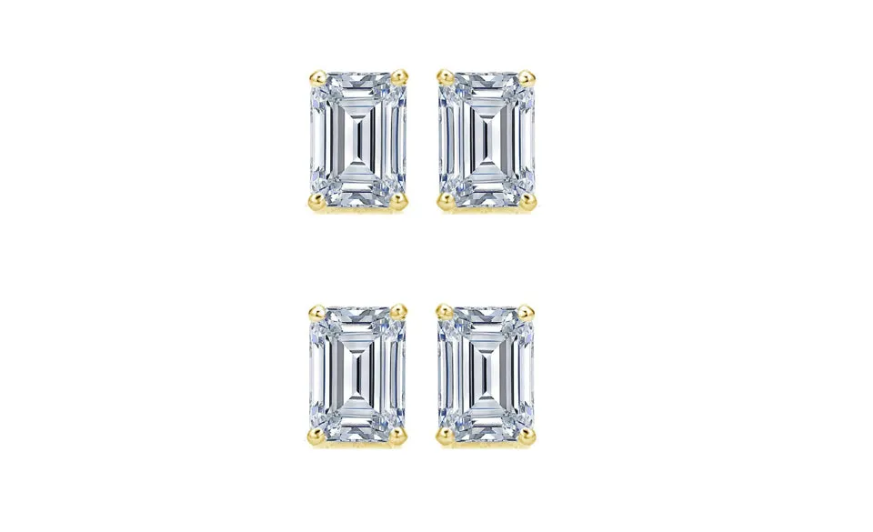 Paris jewelry 14k Yellow Gold 4mm 1/2Ct Emerald Cut White Sapphire Set Of Two Stud Earrings Plated