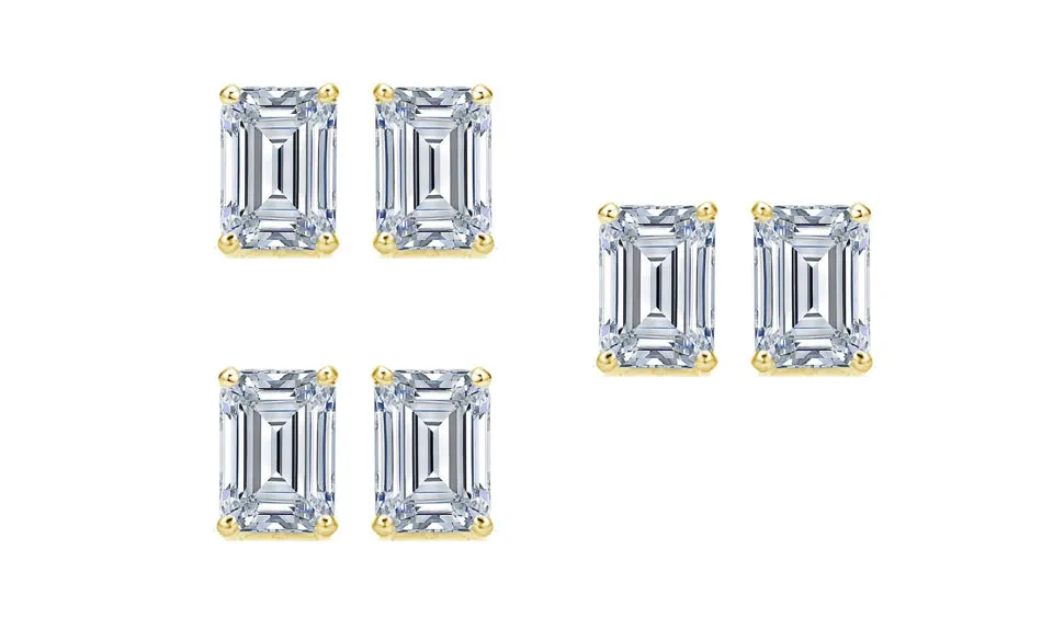 Paris jewelry 14k Yellow Gold 4mm 1Ct Emerald Cut White Sapphire Set Of Three Stud Earrings Plated