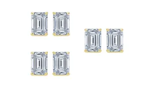 Paris jewelry 14k Yellow Gold 4mm 1Ct Emerald Cut White Sapphire Set Of Three Stud Earrings Plated