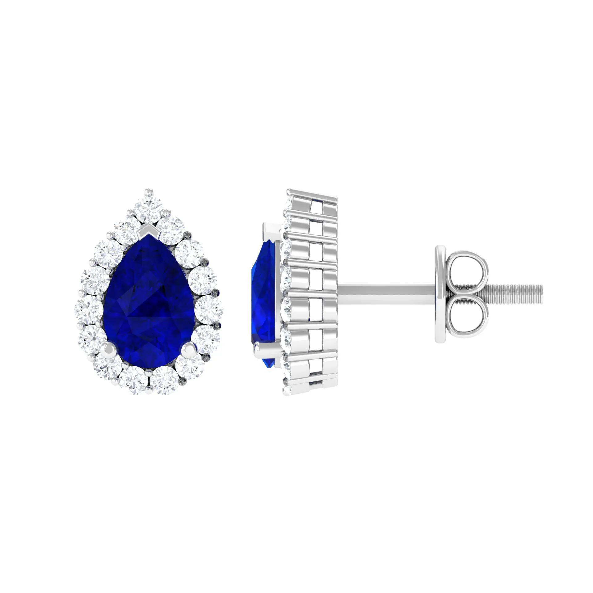 Pear Shape Lab Grown Blue Sapphire Stud Earrings with Diamond Halo