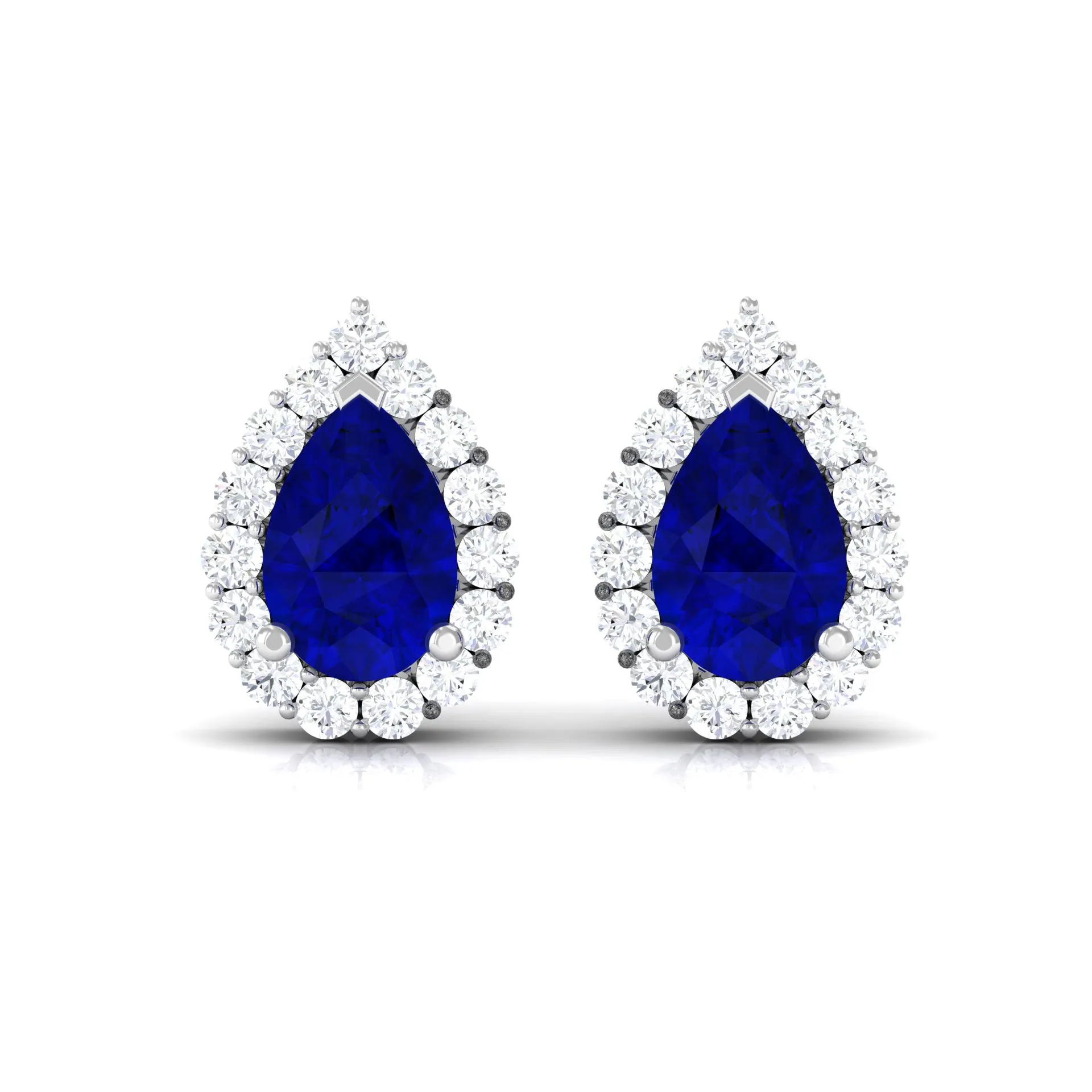 Pear Shape Lab Grown Blue Sapphire Stud Earrings with Diamond Halo