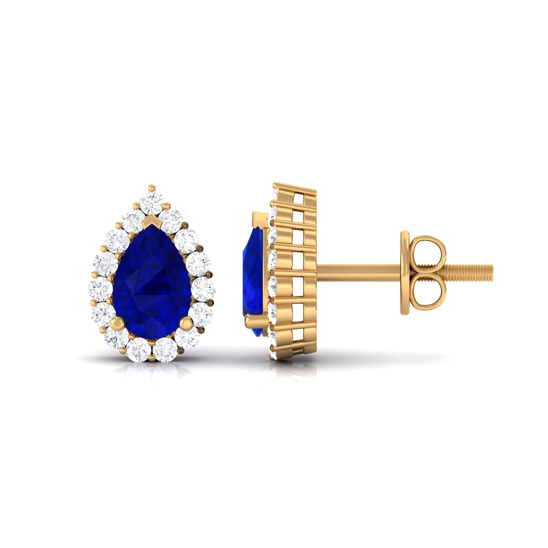 Pear Shape Lab Grown Blue Sapphire Stud Earrings with Diamond Halo