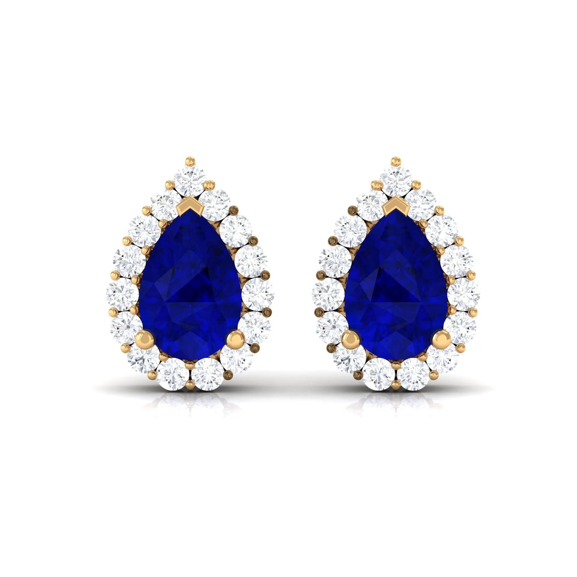 Pear Shape Lab Grown Blue Sapphire Stud Earrings with Diamond Halo