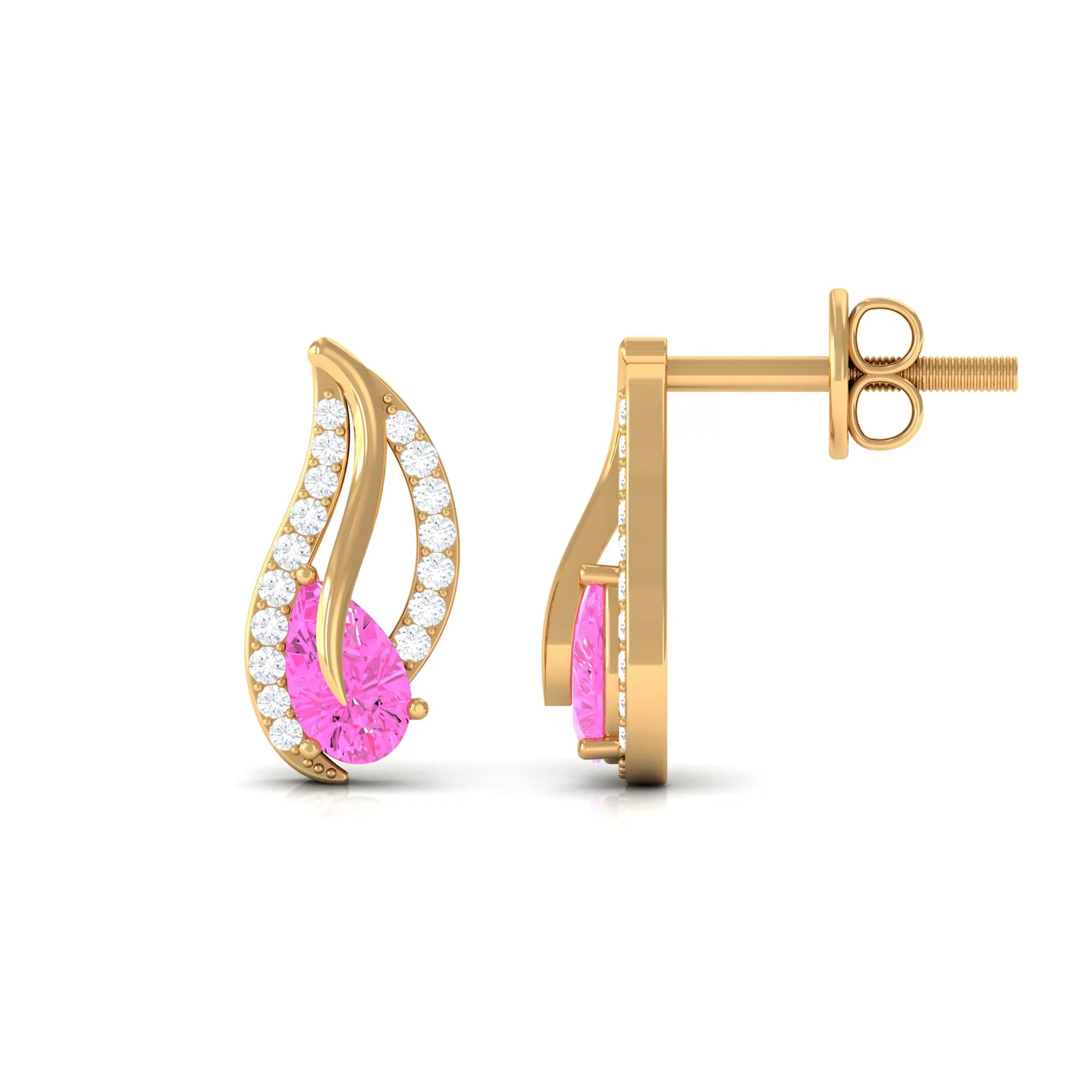 Pear Shape Pink Sapphire and Diamond Leaf Stud Earrings