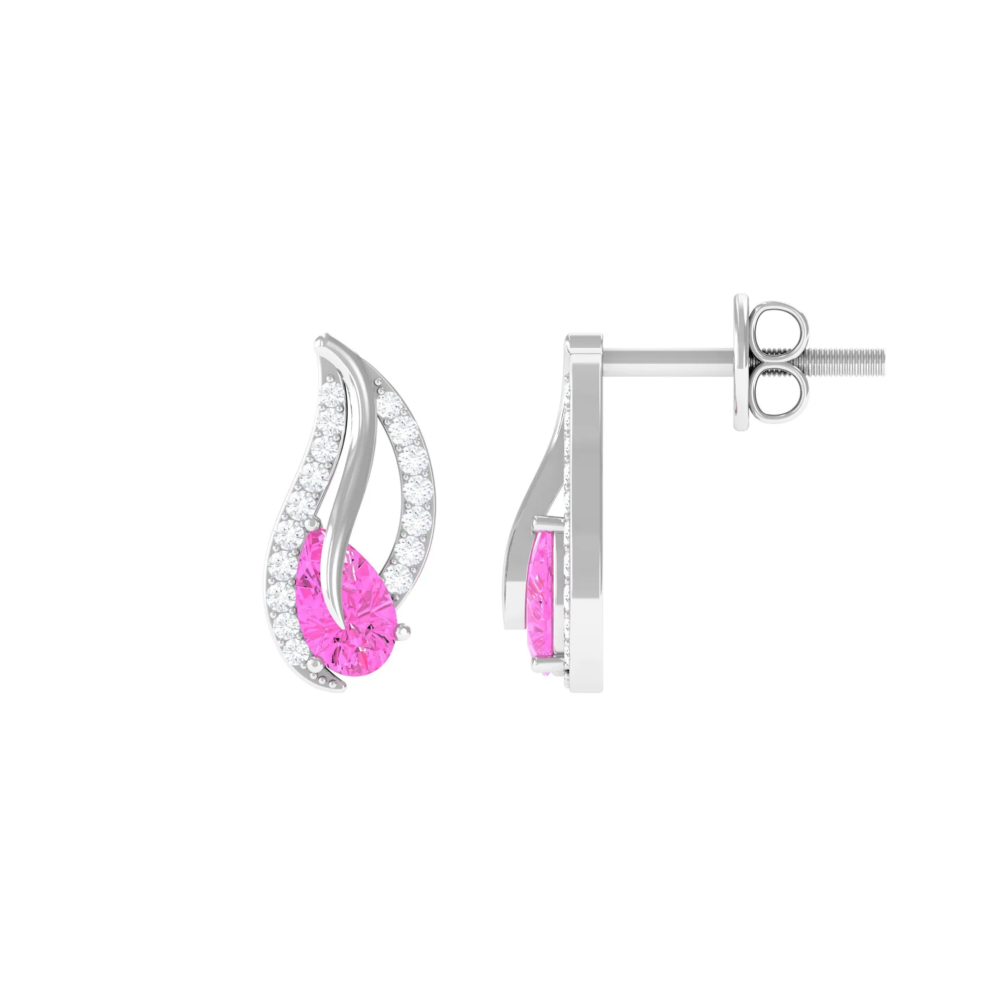 Pear Shape Pink Sapphire and Diamond Leaf Stud Earrings