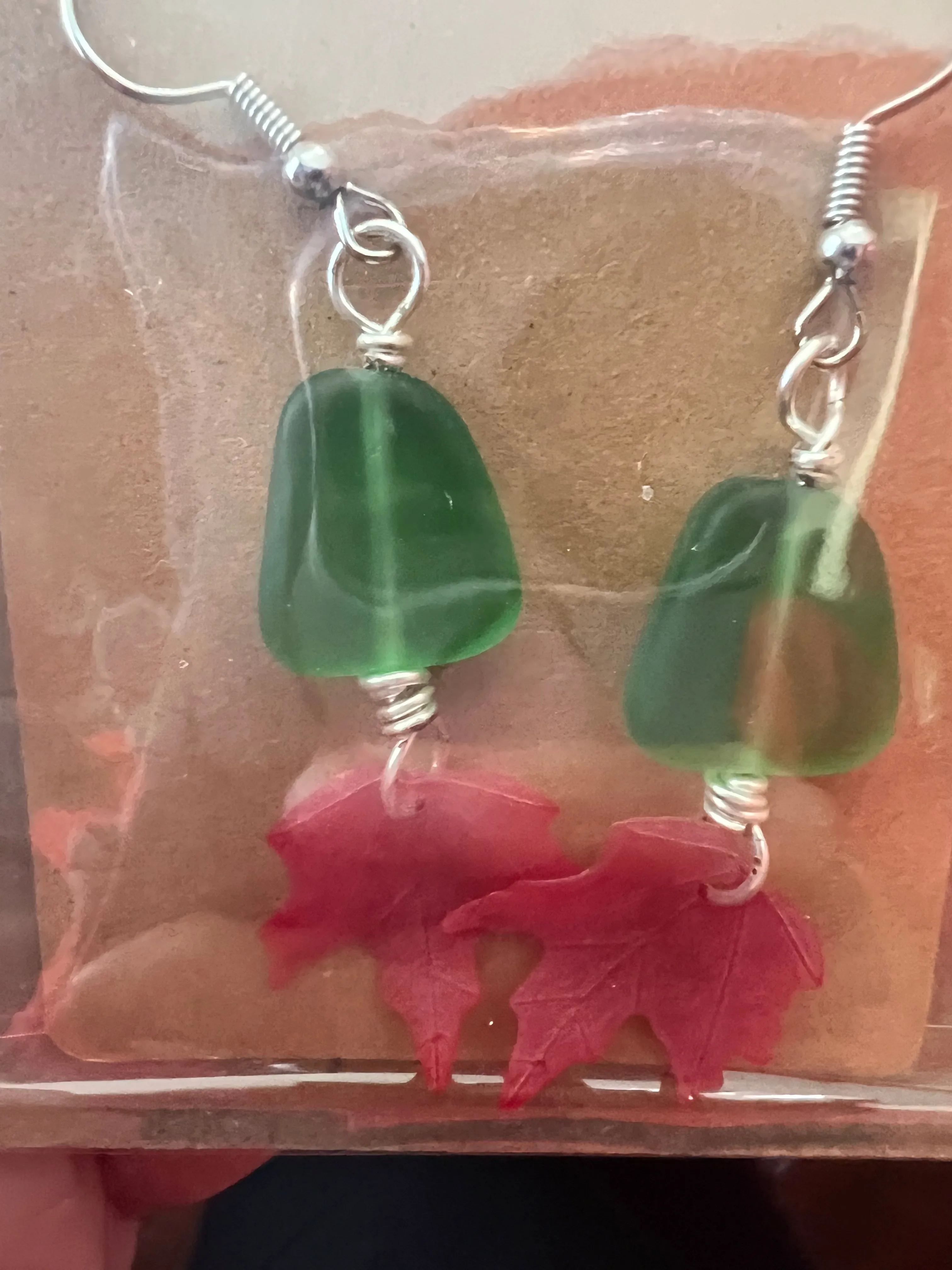 Pink Leaf and Green gemstone necklace and earrings set