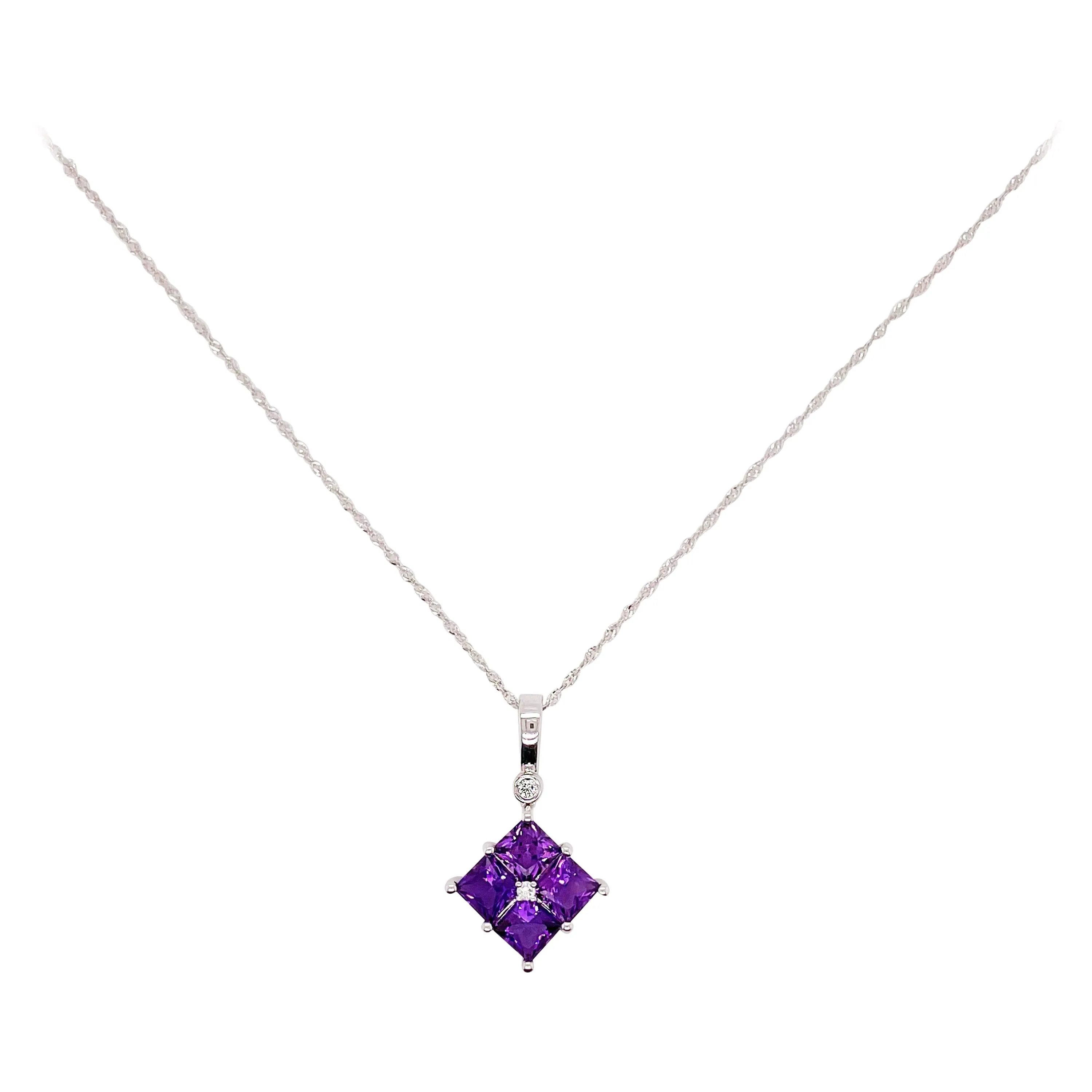 Princess Cut Amethyst with Diamond Pendant Necklace