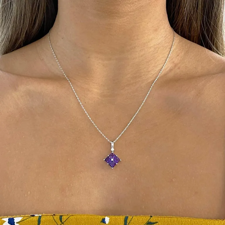 Princess Cut Amethyst with Diamond Pendant Necklace