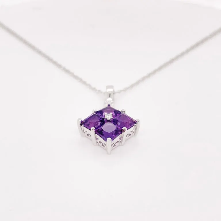 Princess Cut Amethyst with Diamond Pendant Necklace