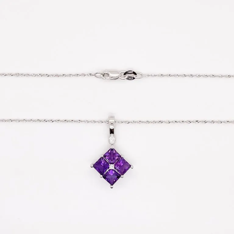 Princess Cut Amethyst with Diamond Pendant Necklace