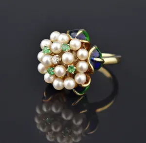 Retro Pearl Diamond and Emerald 14K Gold Cocktail Ring