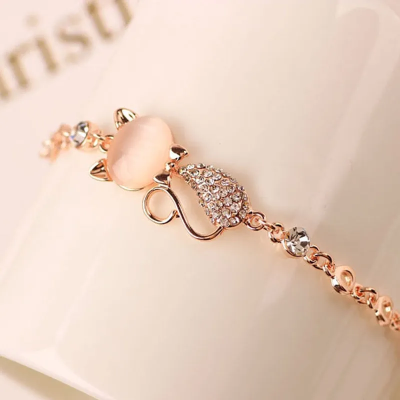 Rose Gold Alloy Lovely Cat Crystal Bracelets