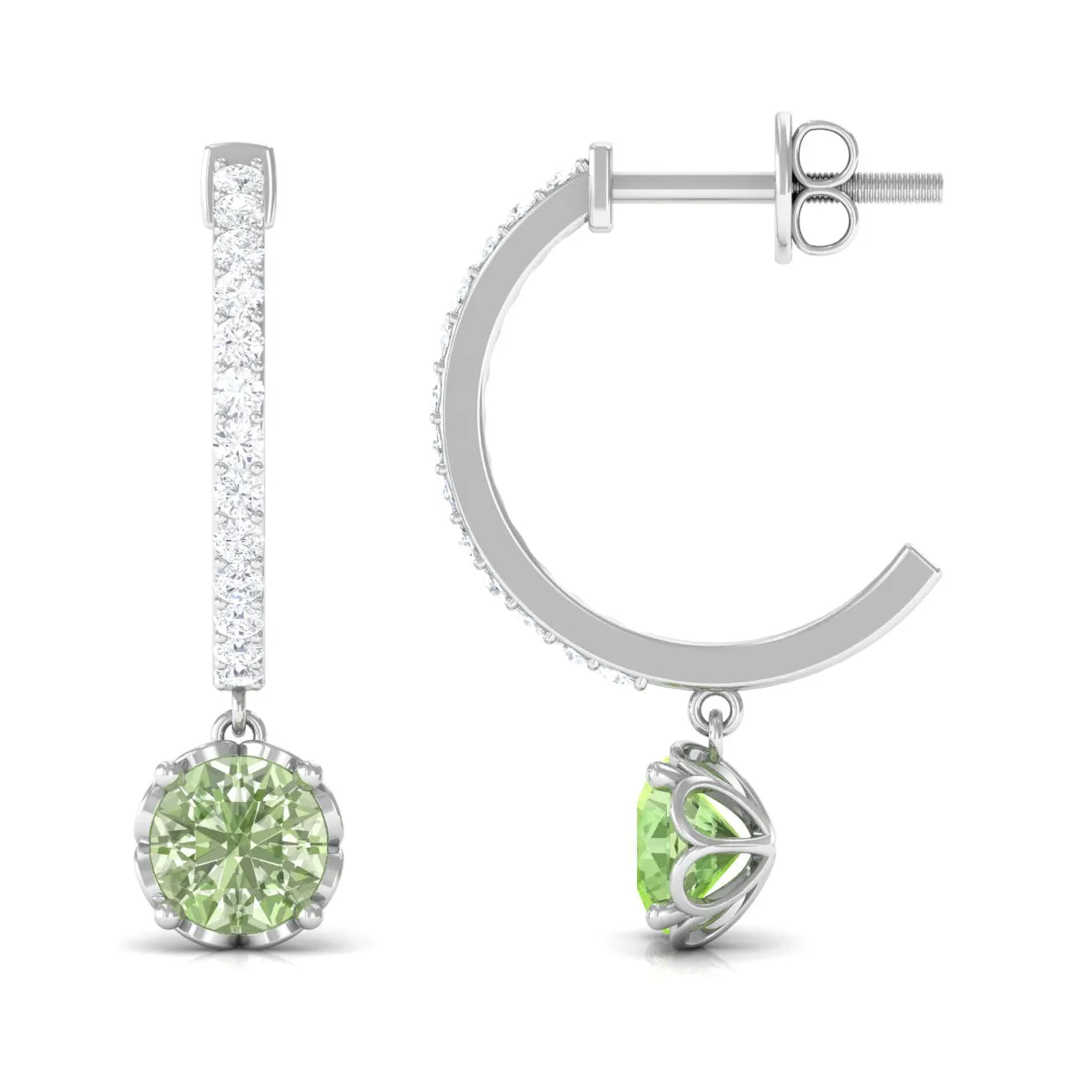 Round Green Sapphire Hoop Drop Earrings with Diamond