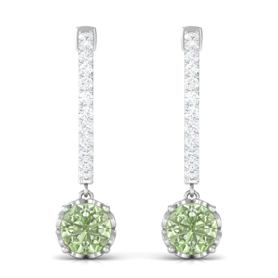 Round Green Sapphire Hoop Drop Earrings with Diamond