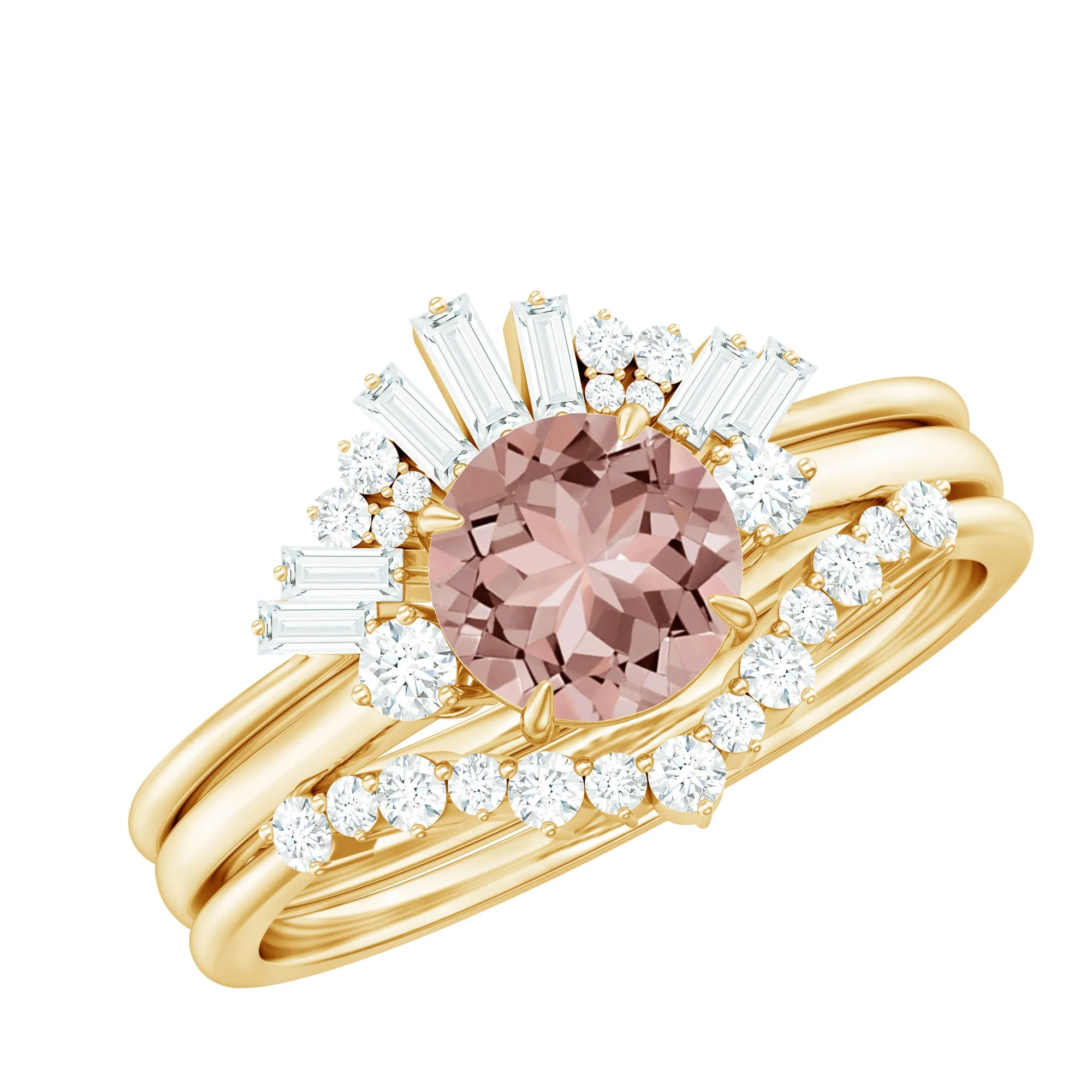 Round Morganite Designer Trio Wedding Ring Set with Diamond