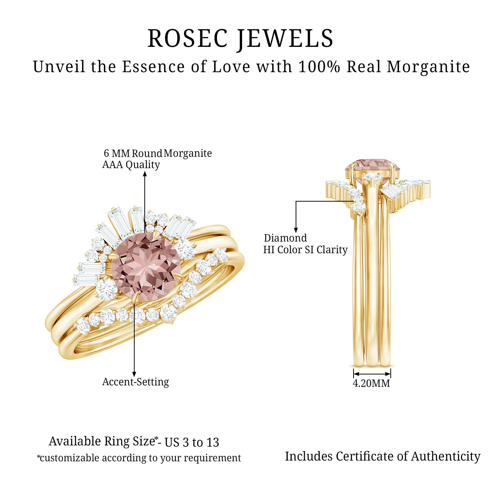 Round Morganite Designer Trio Wedding Ring Set with Diamond