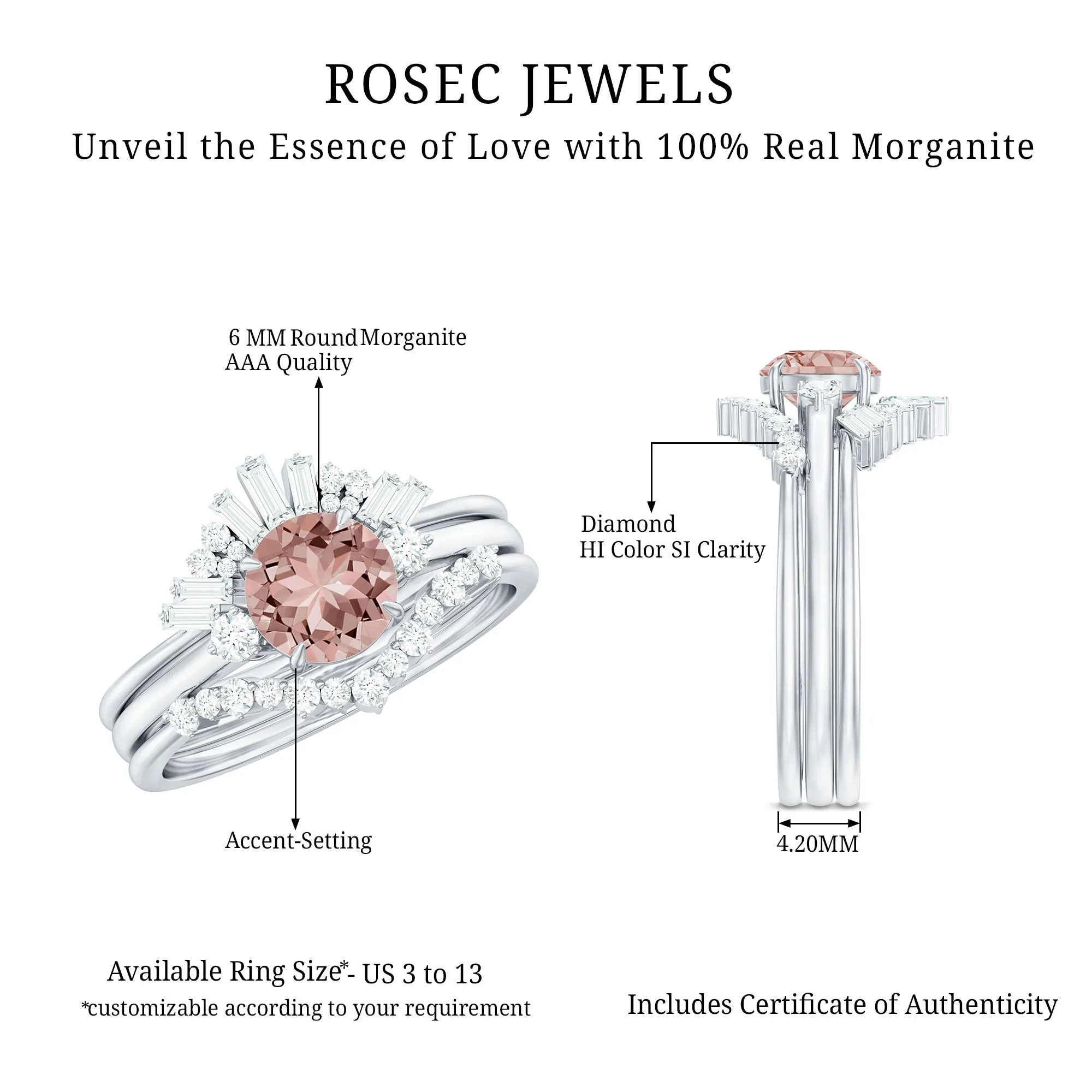 Round Morganite Designer Trio Wedding Ring Set with Diamond