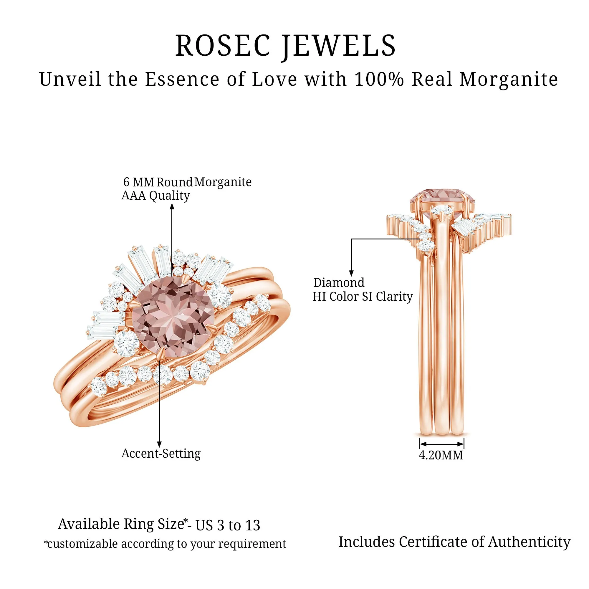 Round Morganite Designer Trio Wedding Ring Set with Diamond