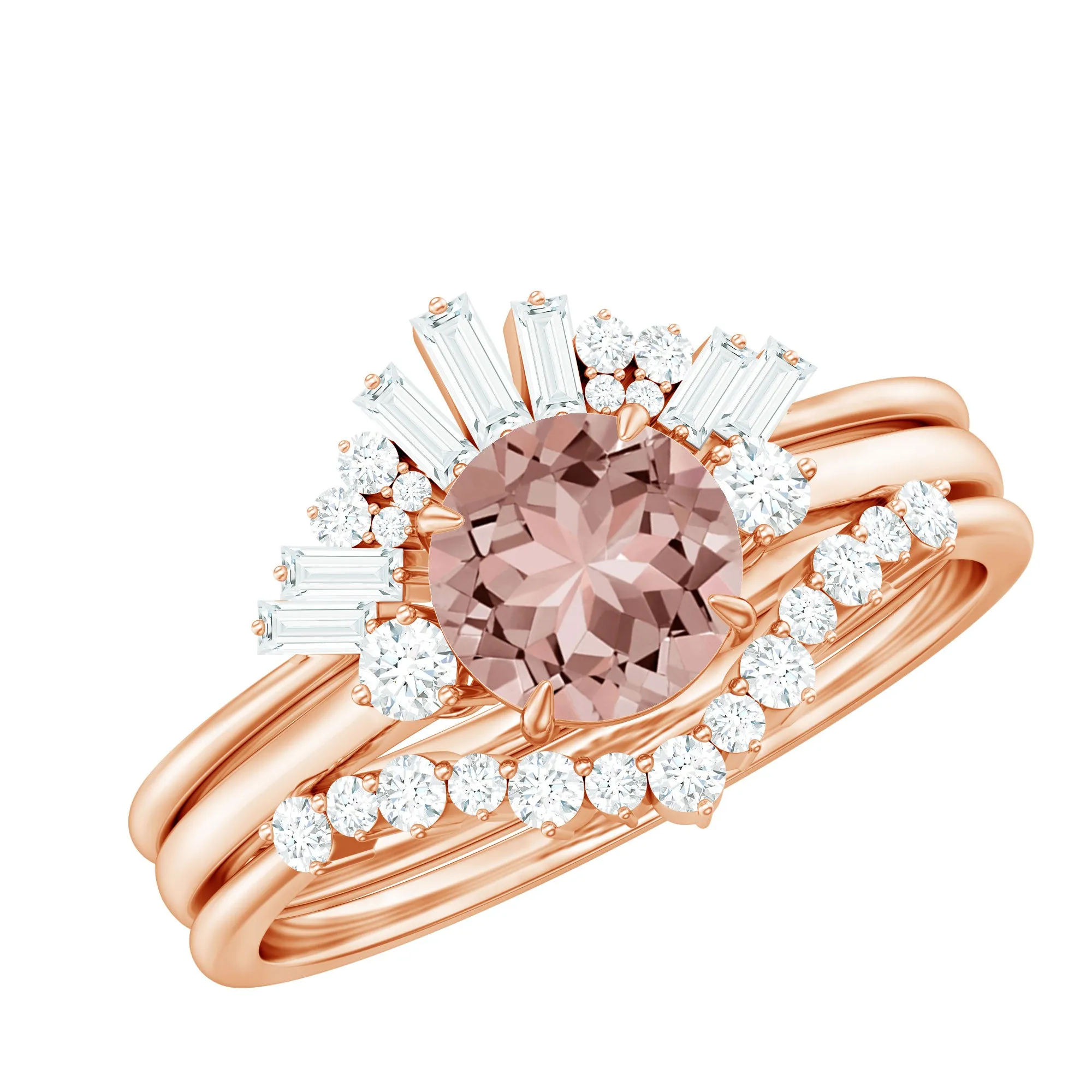 Round Morganite Designer Trio Wedding Ring Set with Diamond