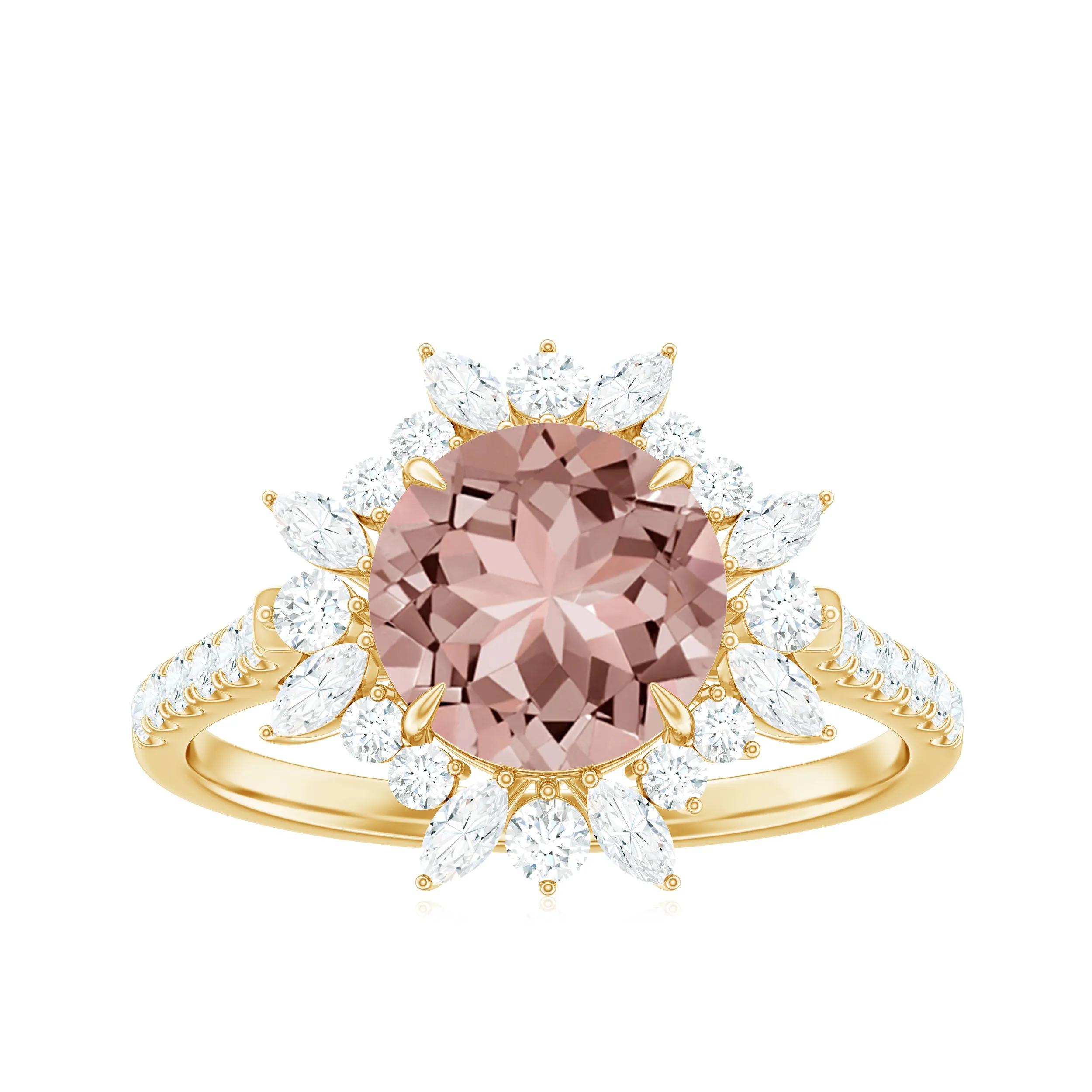 Round Morganite Statement Engagement Ring with Moissanite Floral Halo