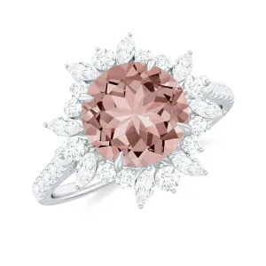 Round Morganite Statement Engagement Ring with Moissanite Floral Halo