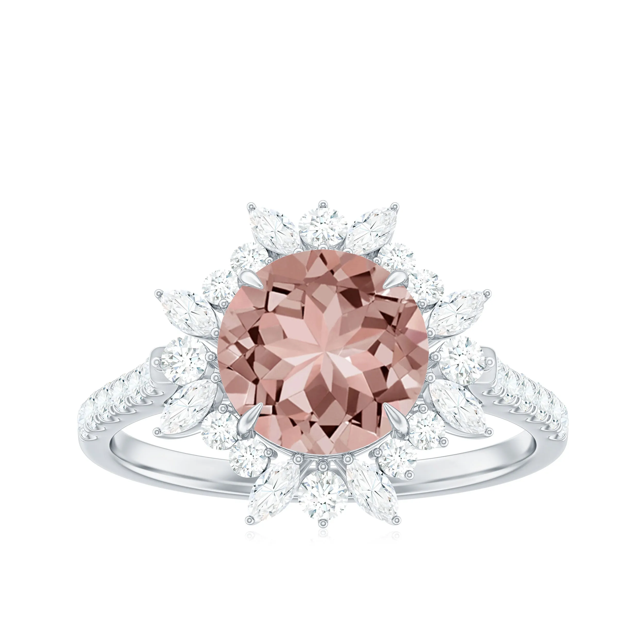 Round Morganite Statement Engagement Ring with Moissanite Floral Halo