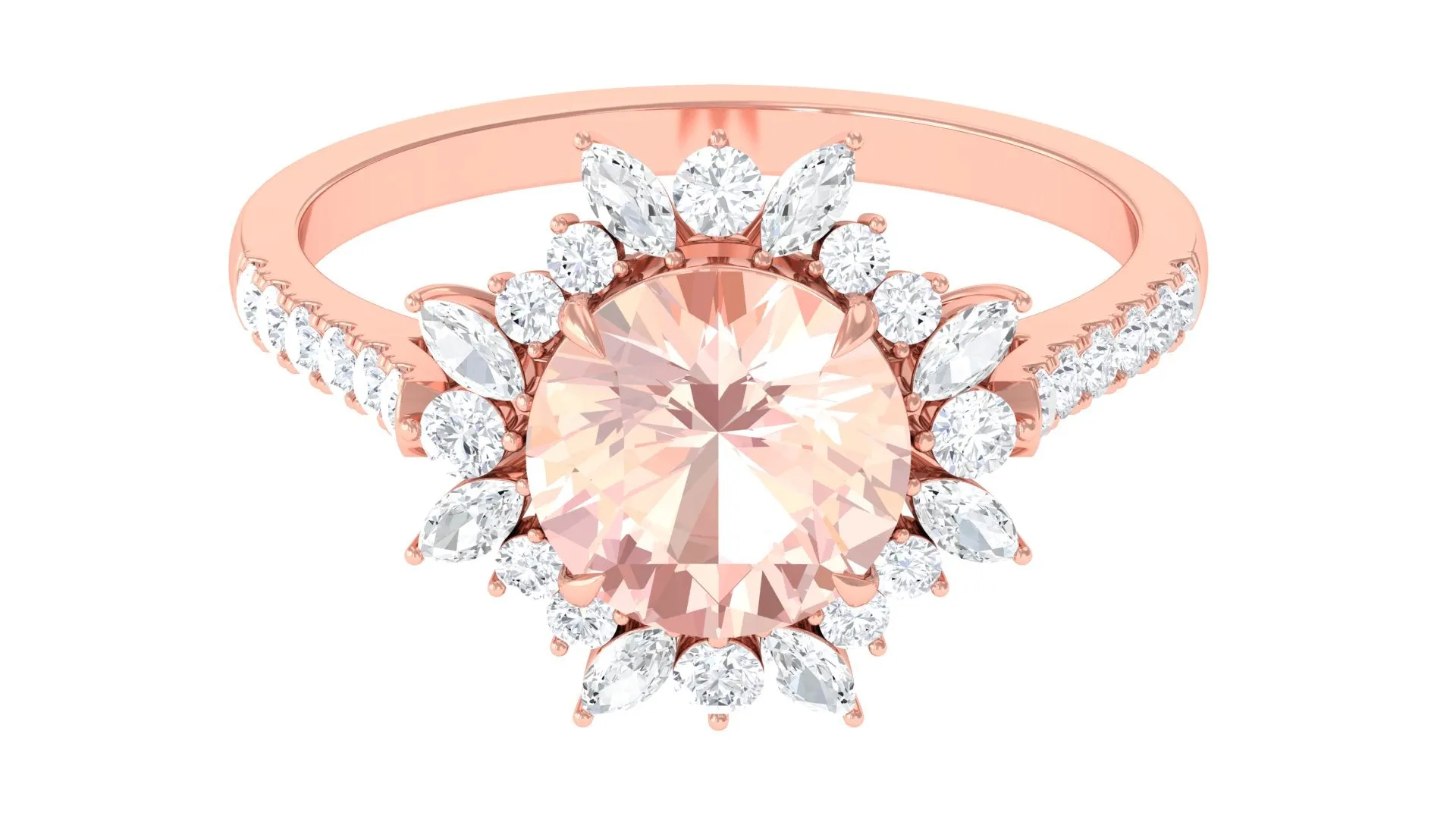 Round Morganite Statement Engagement Ring with Moissanite Floral Halo