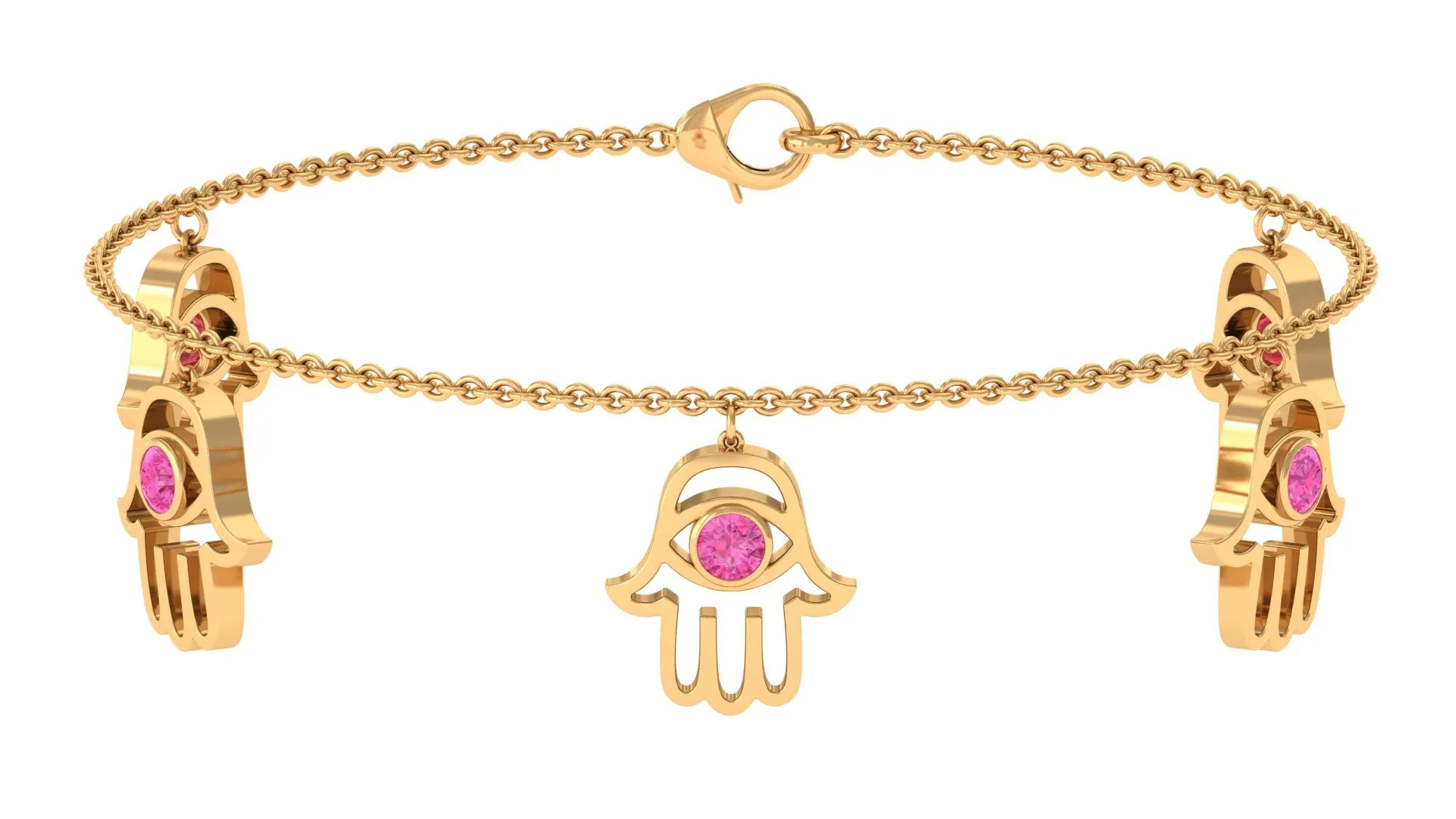 Round Pink Sapphire Hamsa Charm Bracelet