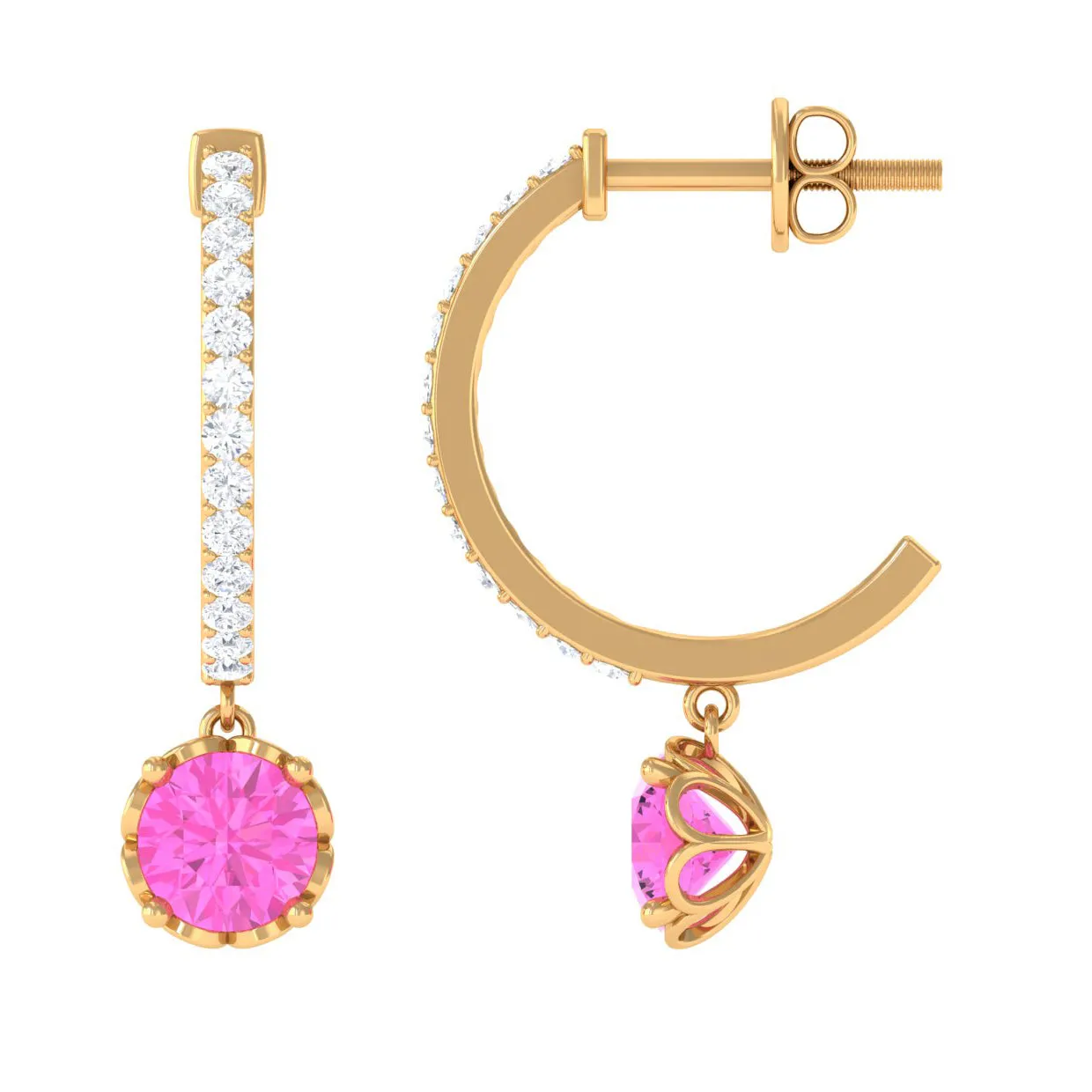 Round Pink Sapphire Hoop Drop Earrings with Diamond