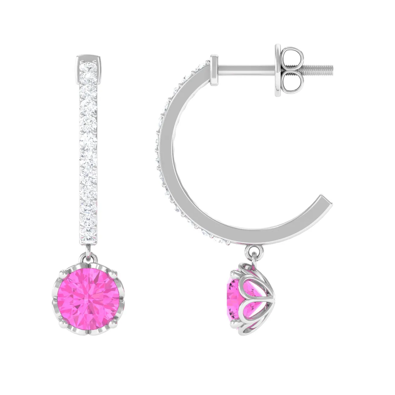 Round Pink Sapphire Hoop Drop Earrings with Diamond