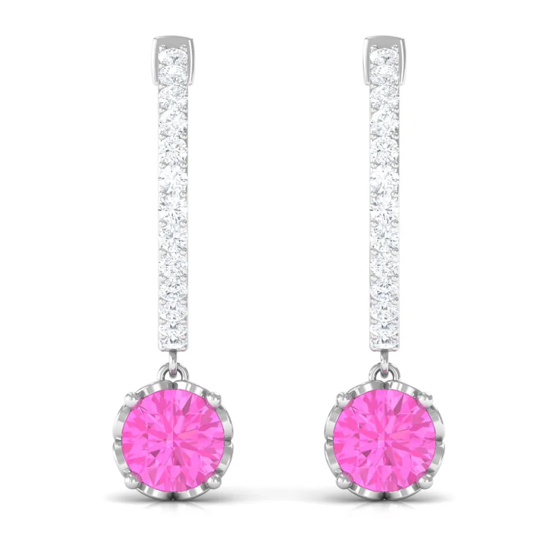 Round Pink Sapphire Hoop Drop Earrings with Diamond