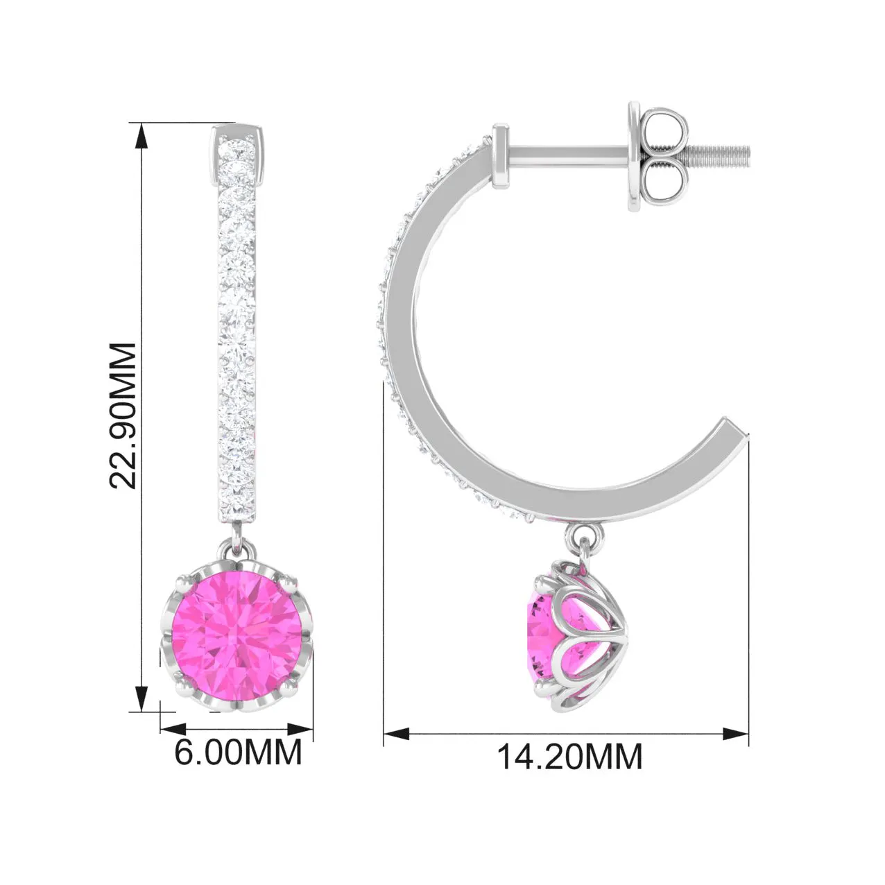 Round Pink Sapphire Hoop Drop Earrings with Diamond