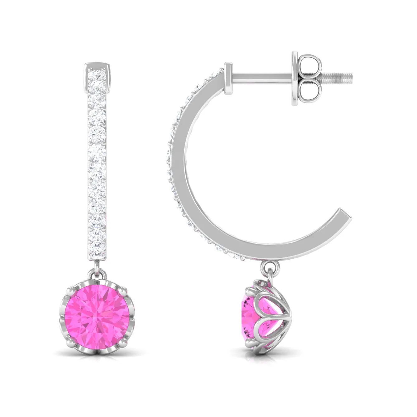 Round Pink Sapphire Hoop Drop Earrings with Diamond