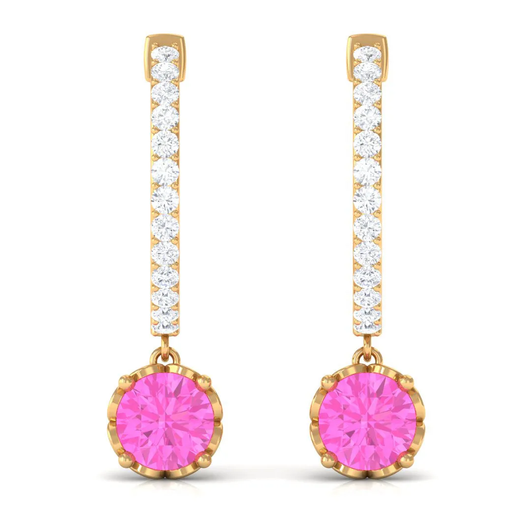 Round Pink Sapphire Hoop Drop Earrings with Diamond