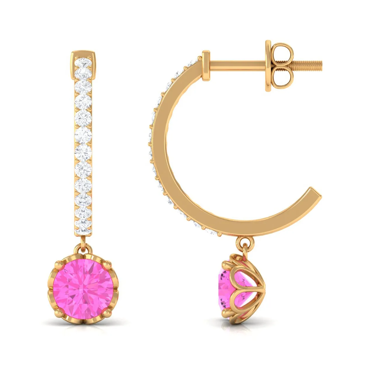 Round Pink Sapphire Hoop Drop Earrings with Diamond