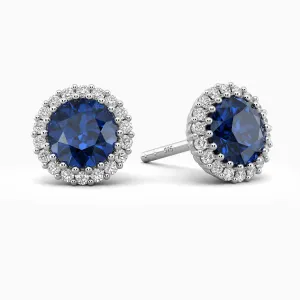 Round Sapphire Halo Stud Earrings in Sterling Silver | Irosk®