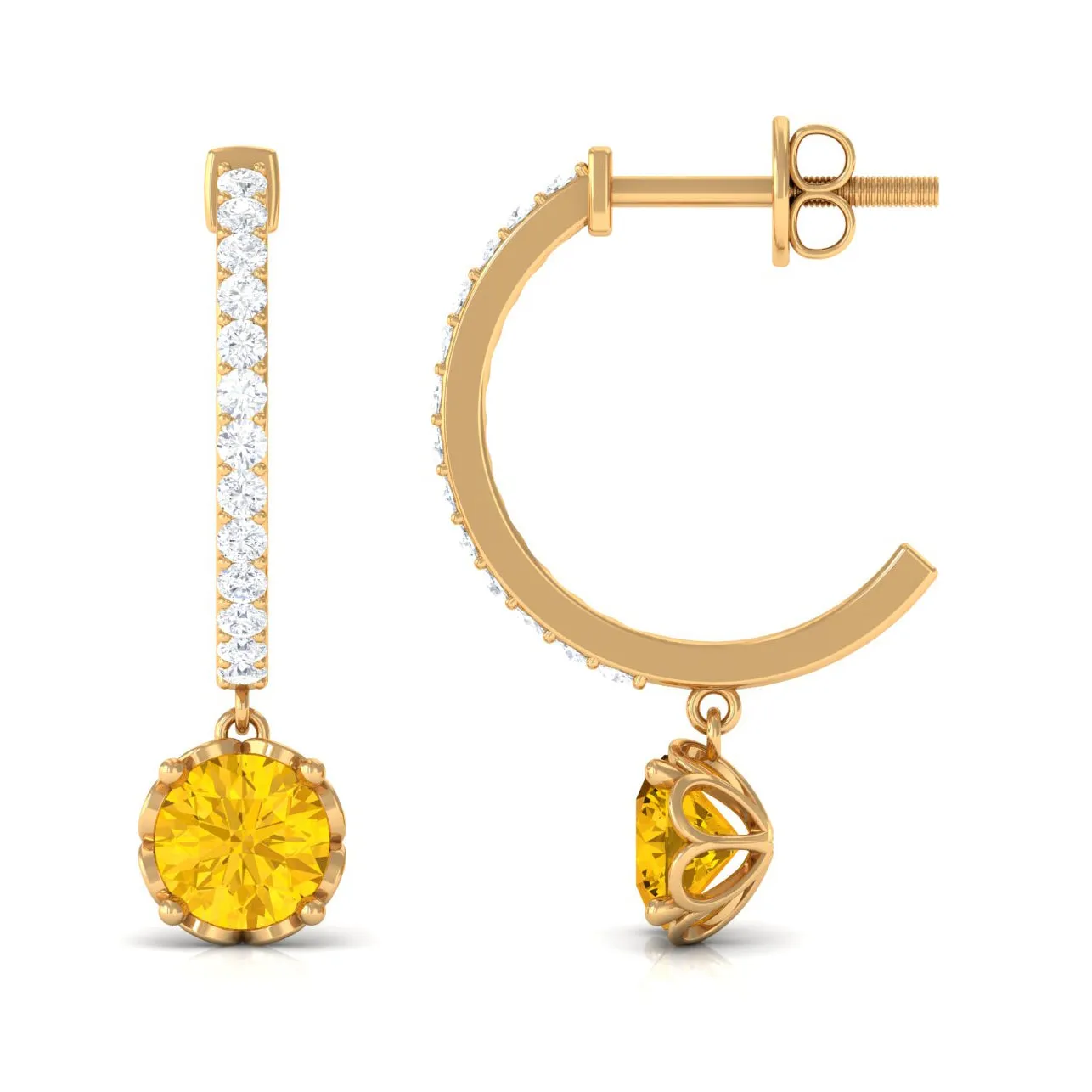 Round Yellow Sapphire Hoop Drop Earrings with Diamond