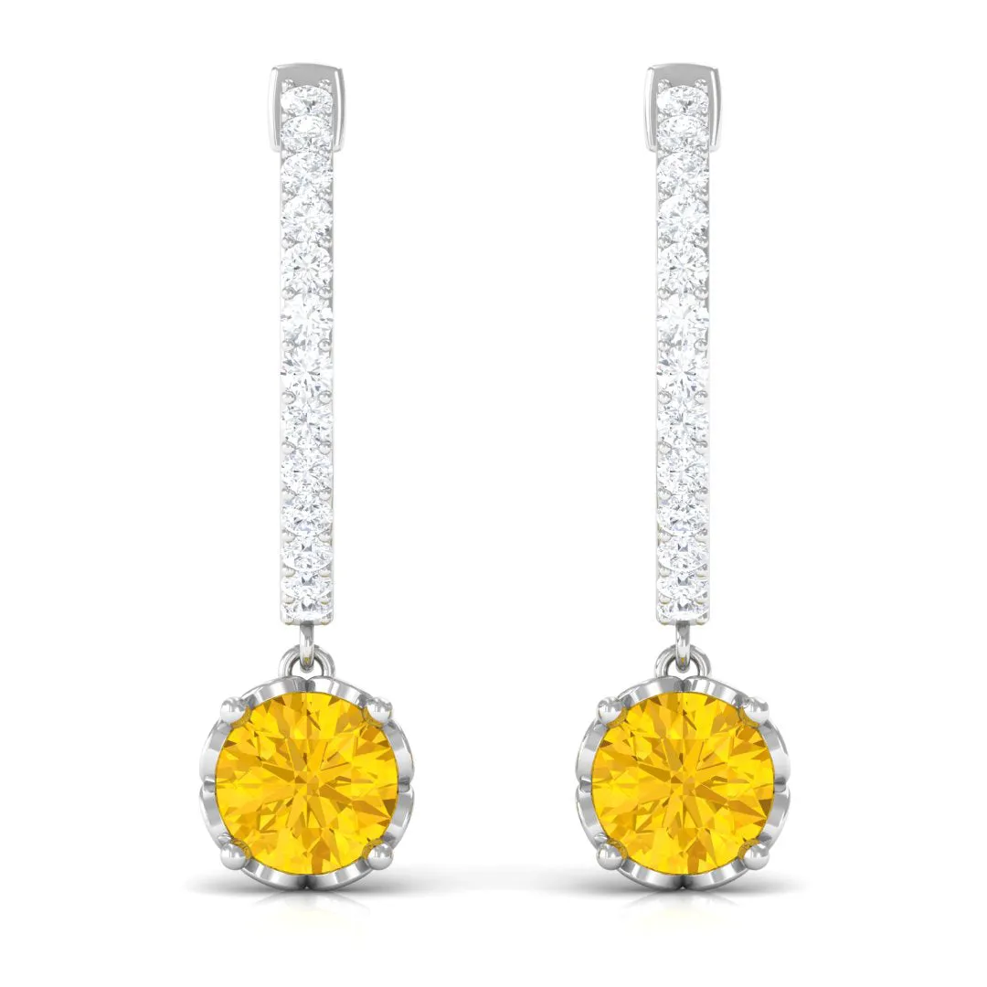 Round Yellow Sapphire Hoop Drop Earrings with Diamond