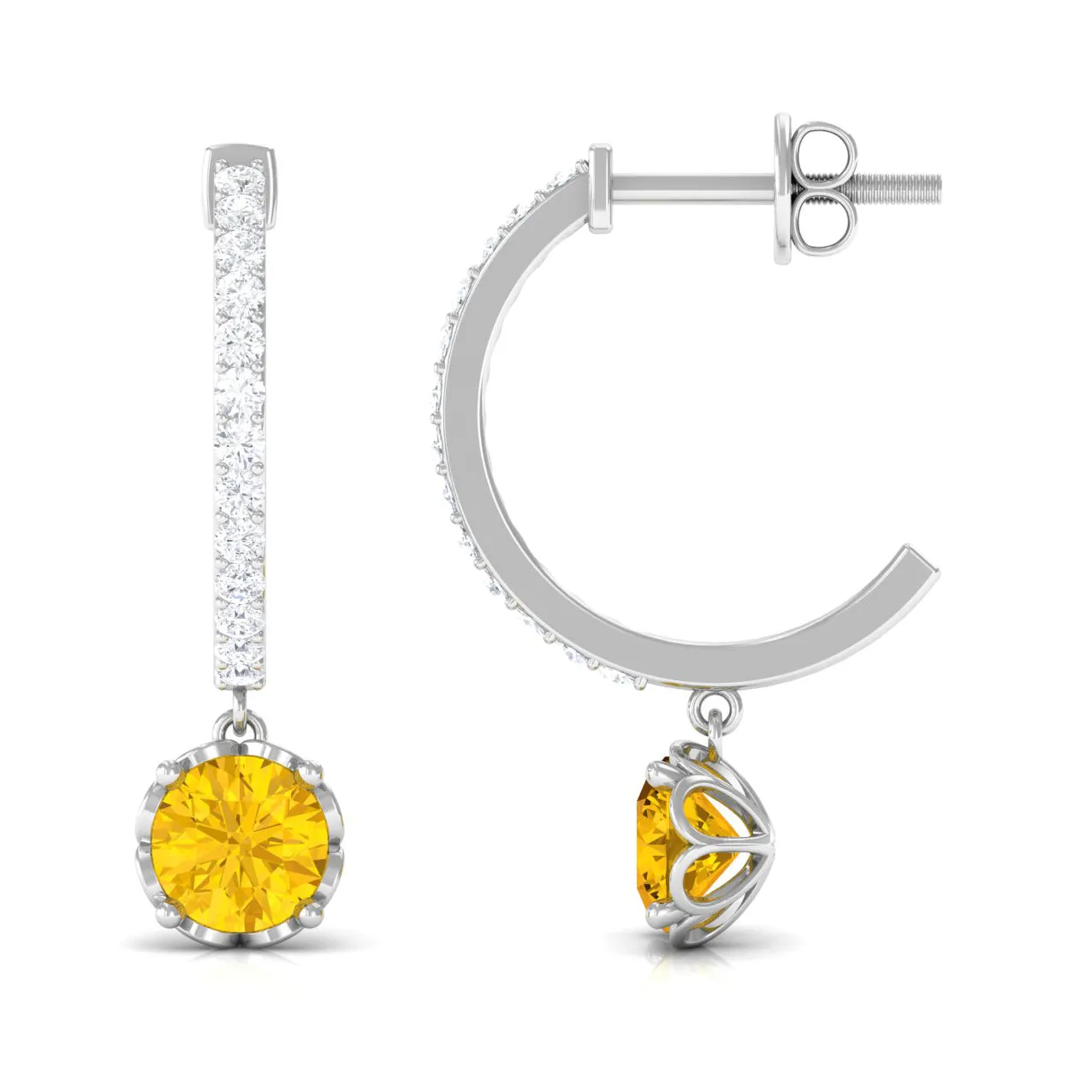 Round Yellow Sapphire Hoop Drop Earrings with Diamond