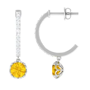 Round Yellow Sapphire Hoop Drop Earrings with Diamond