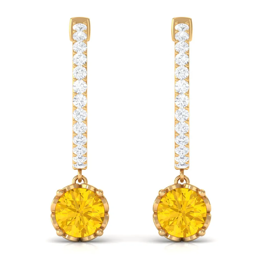 Round Yellow Sapphire Hoop Drop Earrings with Diamond