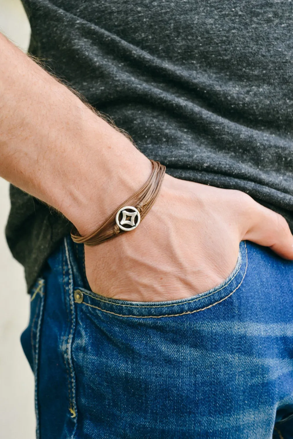 Silver circle wrapped bracelet for men, brown cord