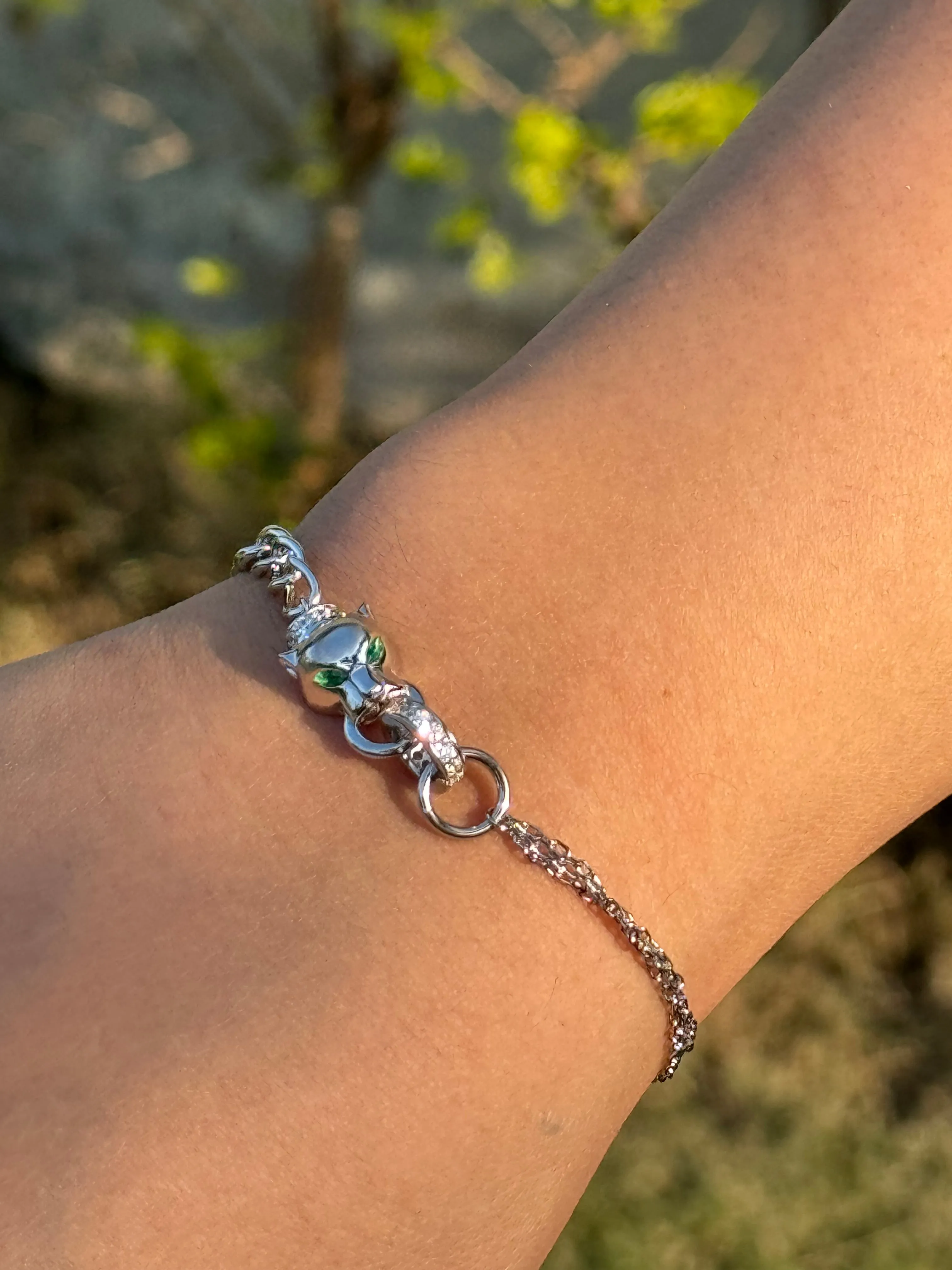 Silver Panther Green Eyes Bracelet