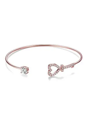 Simple Micro Pave AAA Zircon Heart Shape Key Gold Plated Cuff Bangle